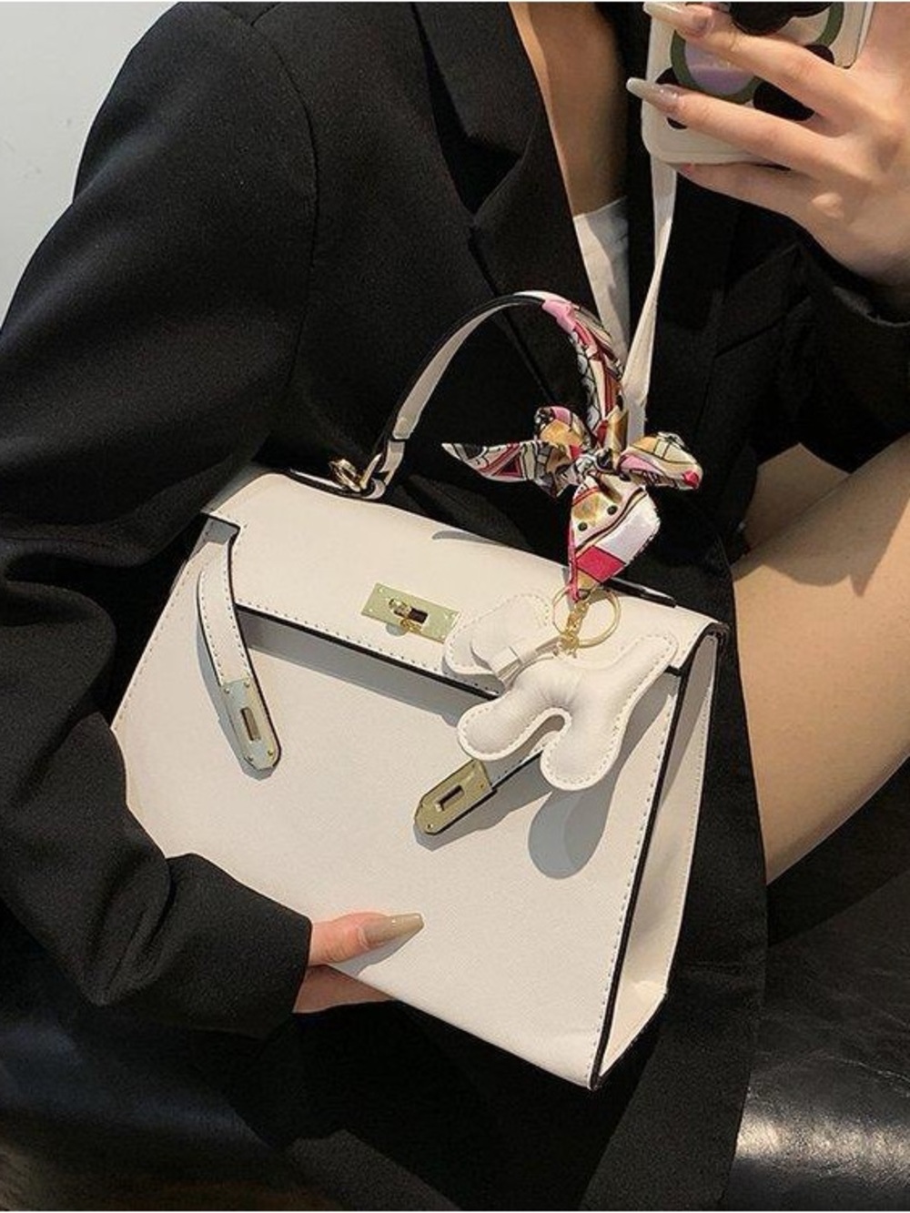 Chic White Top-Handle Satchel with Scarf Accent